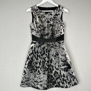 Karen Millen Womens Dress 6 Black Pleated Mesh Animal Print Fit Flare Cocktail